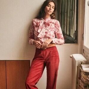 Sezane Lives Blouse in Liberty Rouge Red Size 34 Floral Long Sleeve Tie Lace